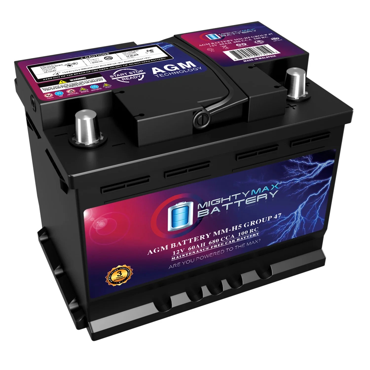 12V 60Ah AGM Car Battery, BCI Group 47, 680 CCA, 100 RC, Start-Stop Compatible