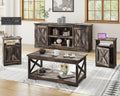 4 Piece Farmhouse Table Set with 66" TV Stand, Dark Oak