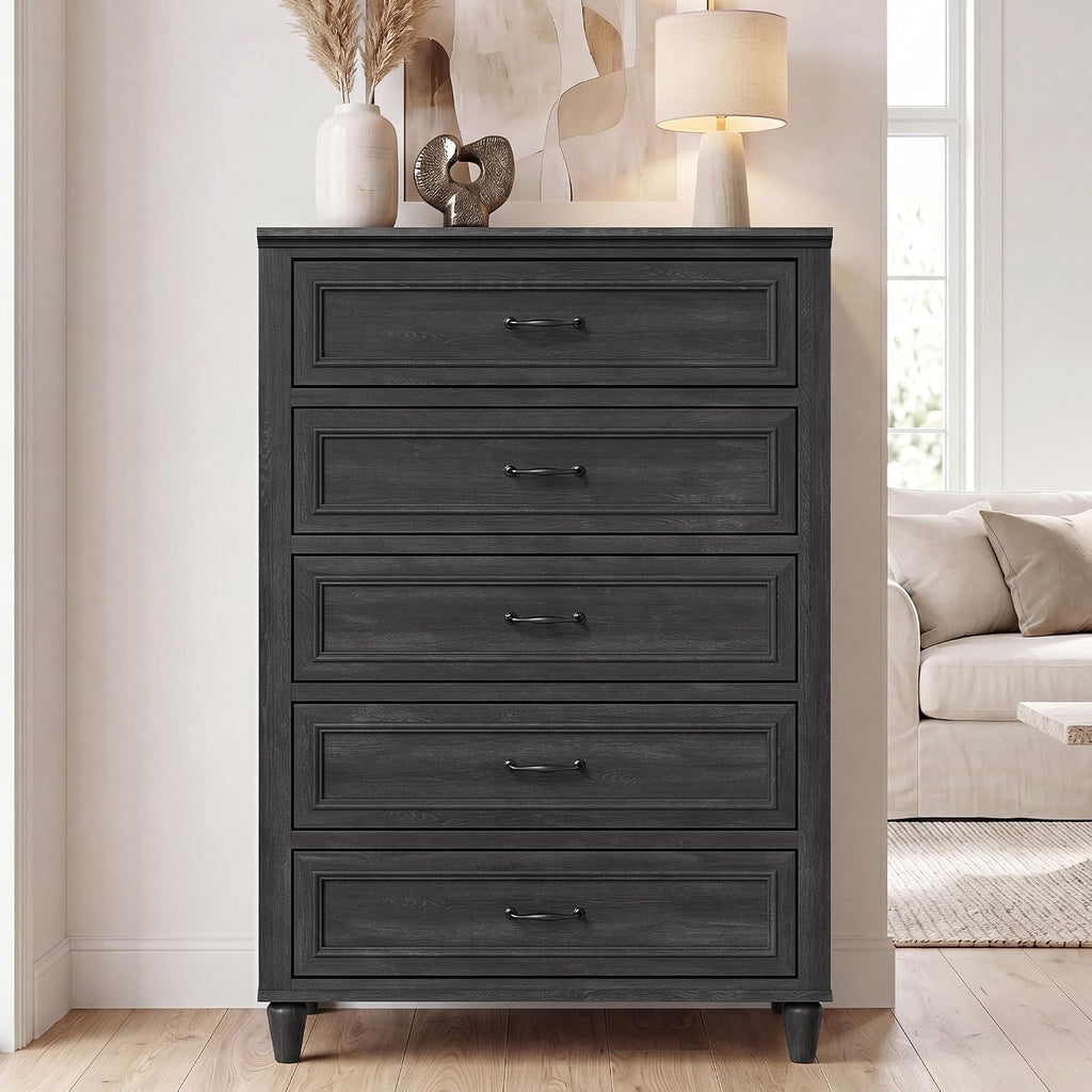 4 Piece Bedroom Furniture Set, Modern Nightstand Collection with Matching 3 Drawer, 5 Drawer & 6 Drawer Bedside Tables, Wood Storage Nightstands with Metal Handles,Black Grey
