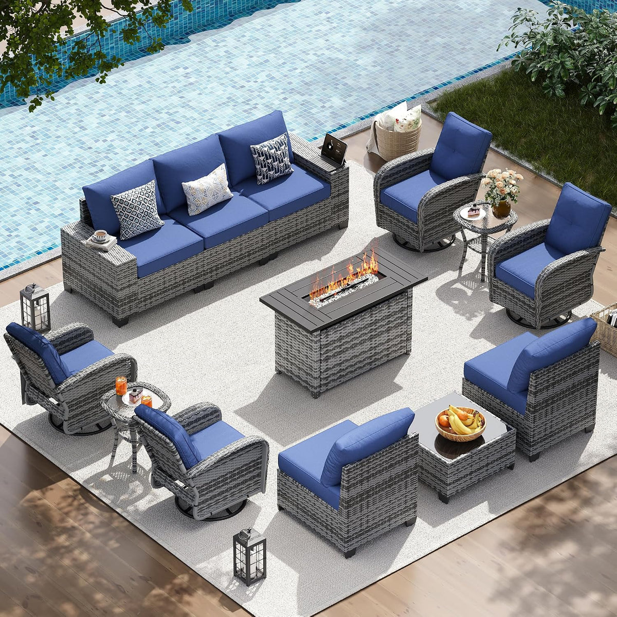 13 PCS Patio Furniture Set with 44'' Fire Pit Table, Outdoor Sectional All Weather Wicker Conversation Set with Swivel Rocker Chairs, 4'' Thick Cushions for Backyard Poolside(Navy/Grey)