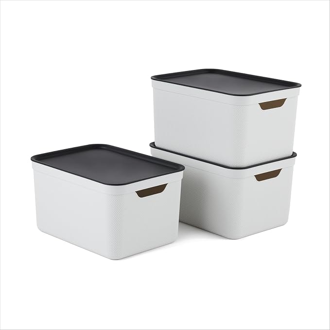 Set of 3 storage boxes with lids, made of plastic, 3 x 16 litres (White)