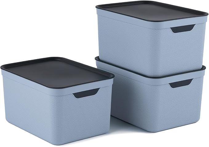 Set of 3 storage boxes with lids, made of plastic, 3 x 16 litres (blue)