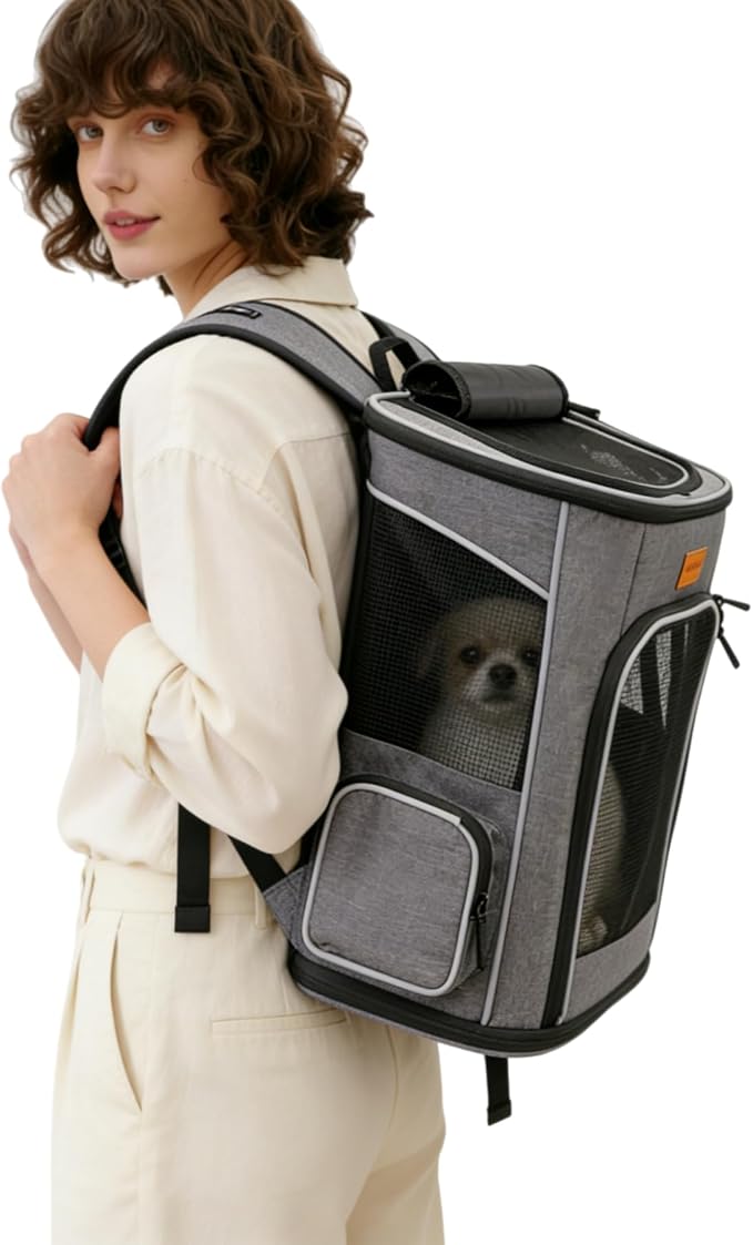1.Backpack for cats and small dogs (7 kg), foldable, with internal safety leash and cover(grey)