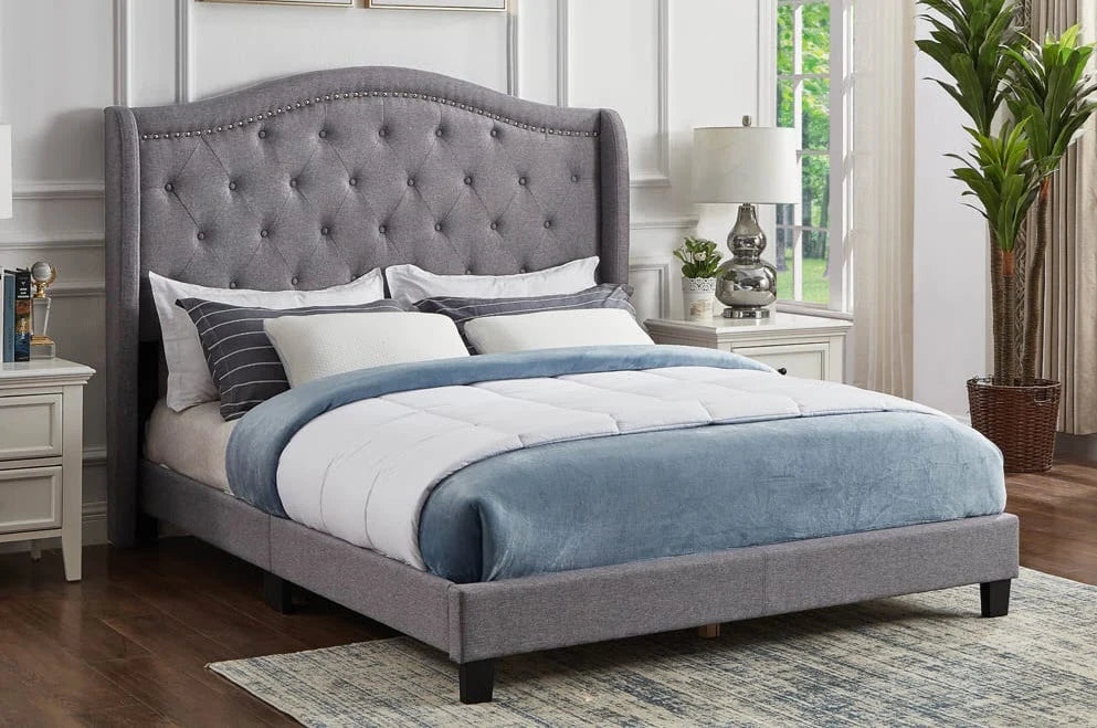T2173 Upholstered Wingback Platform Bed Grey Linen or Charcoal Velvet