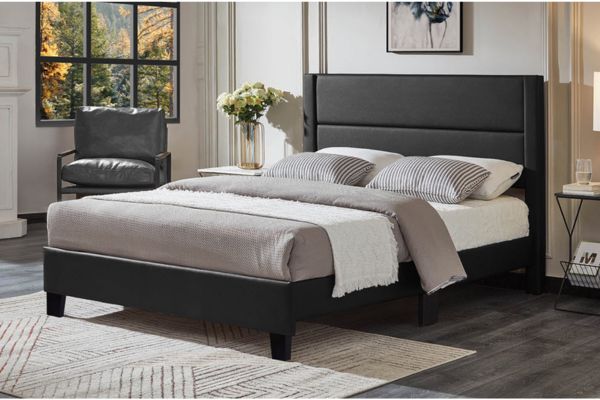 T2175 Black PU Leather Look Channel Tufted Platform Bed
