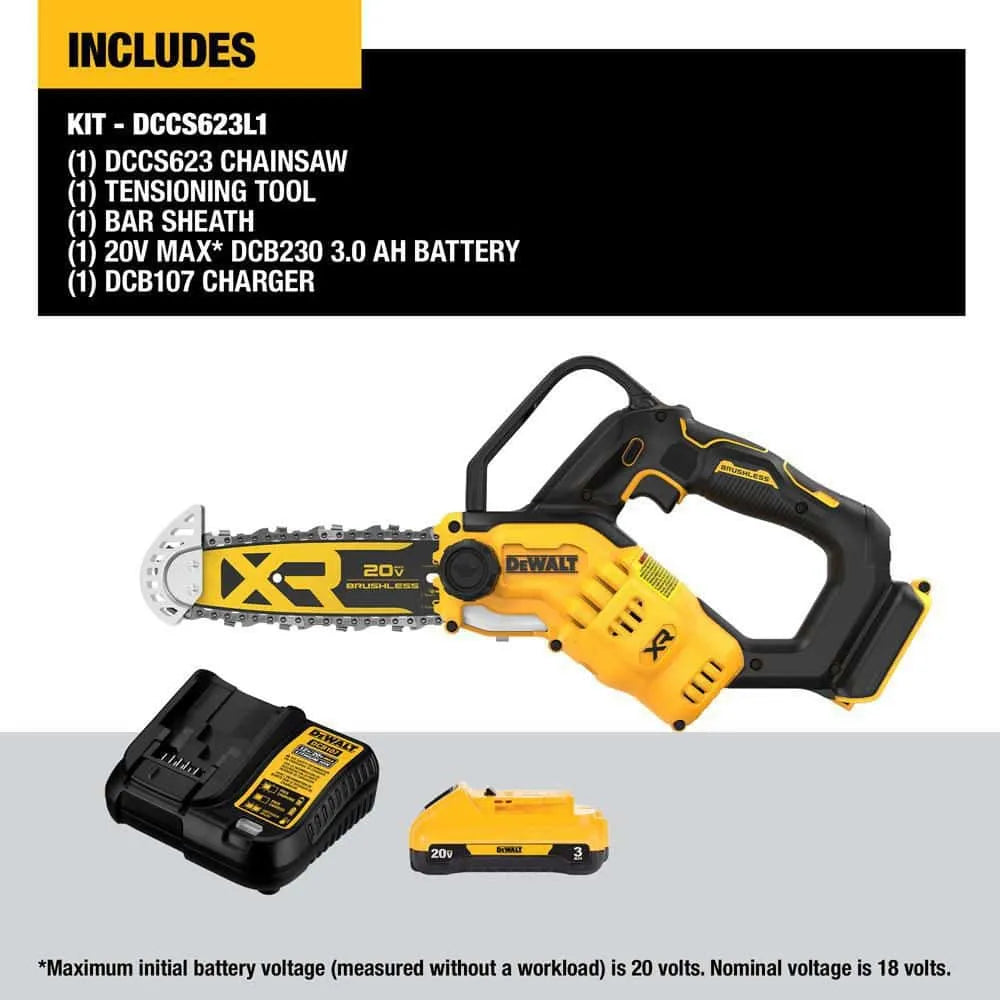 8-Inch 20V Lithium-Ion Cordless Pruning Chainsaw Kit with 3Ah Battery and Charger