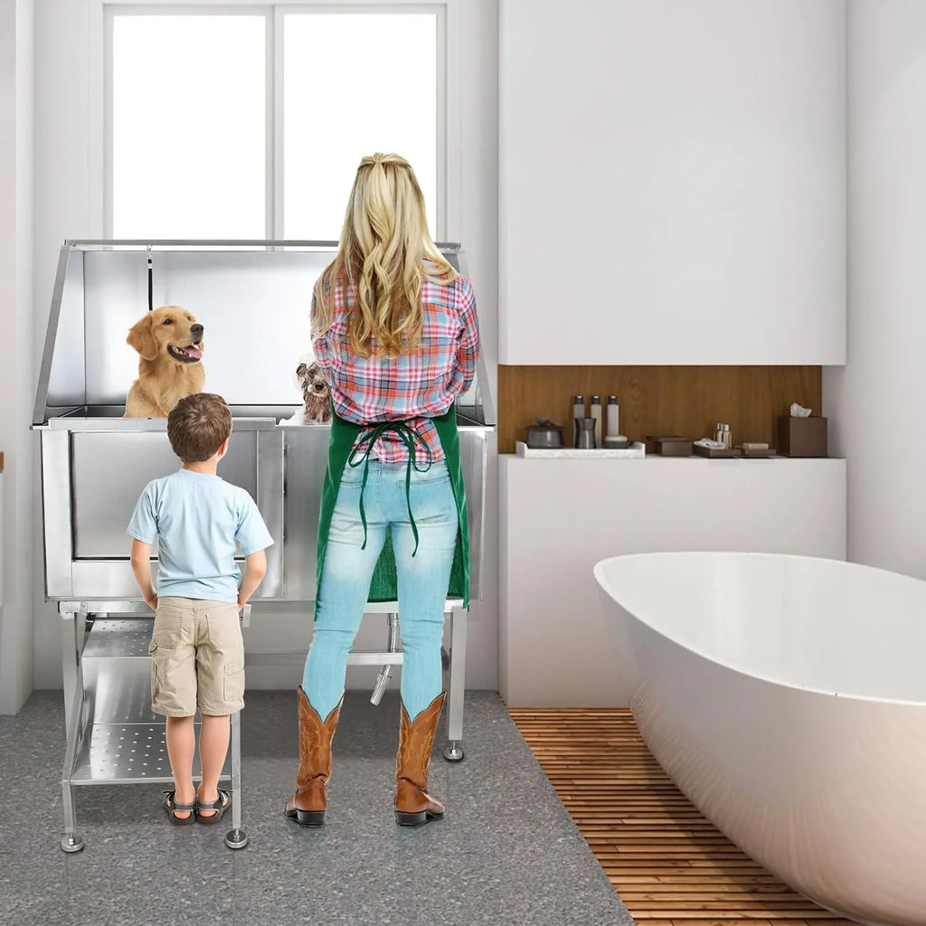 50-Inch Stainless Steel Dog Wash Bathtub with Ramp, Faucet, Sprayer, Drain Kit and Right Door