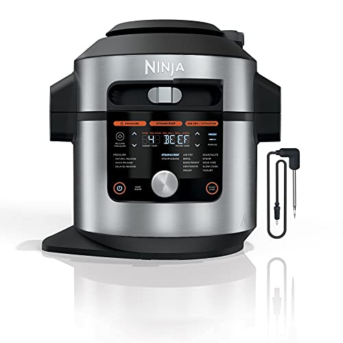 14-in-1 8-Qt. Pressure Cooker and Steam Fryer with Thermometer, Auto Steam Release, 3-Layer Capacity and 5-Qt. Crisp Basket, Silver/Black