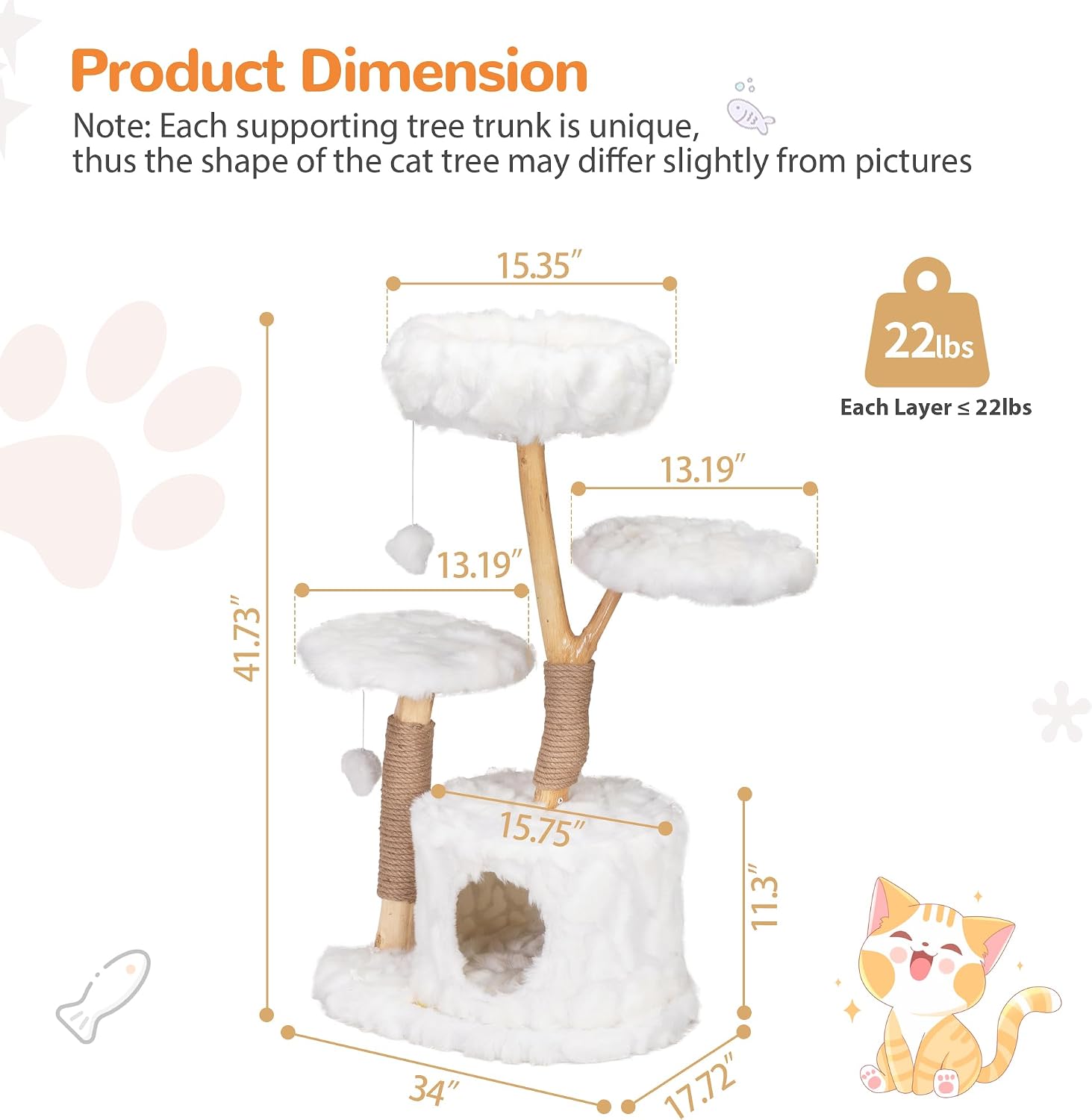 COZIWOW Cloud Cat Tree for Indoor Cats, 42" Modern Aesthetic Cat Tower with Solid Wood Branches, Top Cat Bed, Side Perch, Large Condo, Scratching Posts, Cat-Approved, White