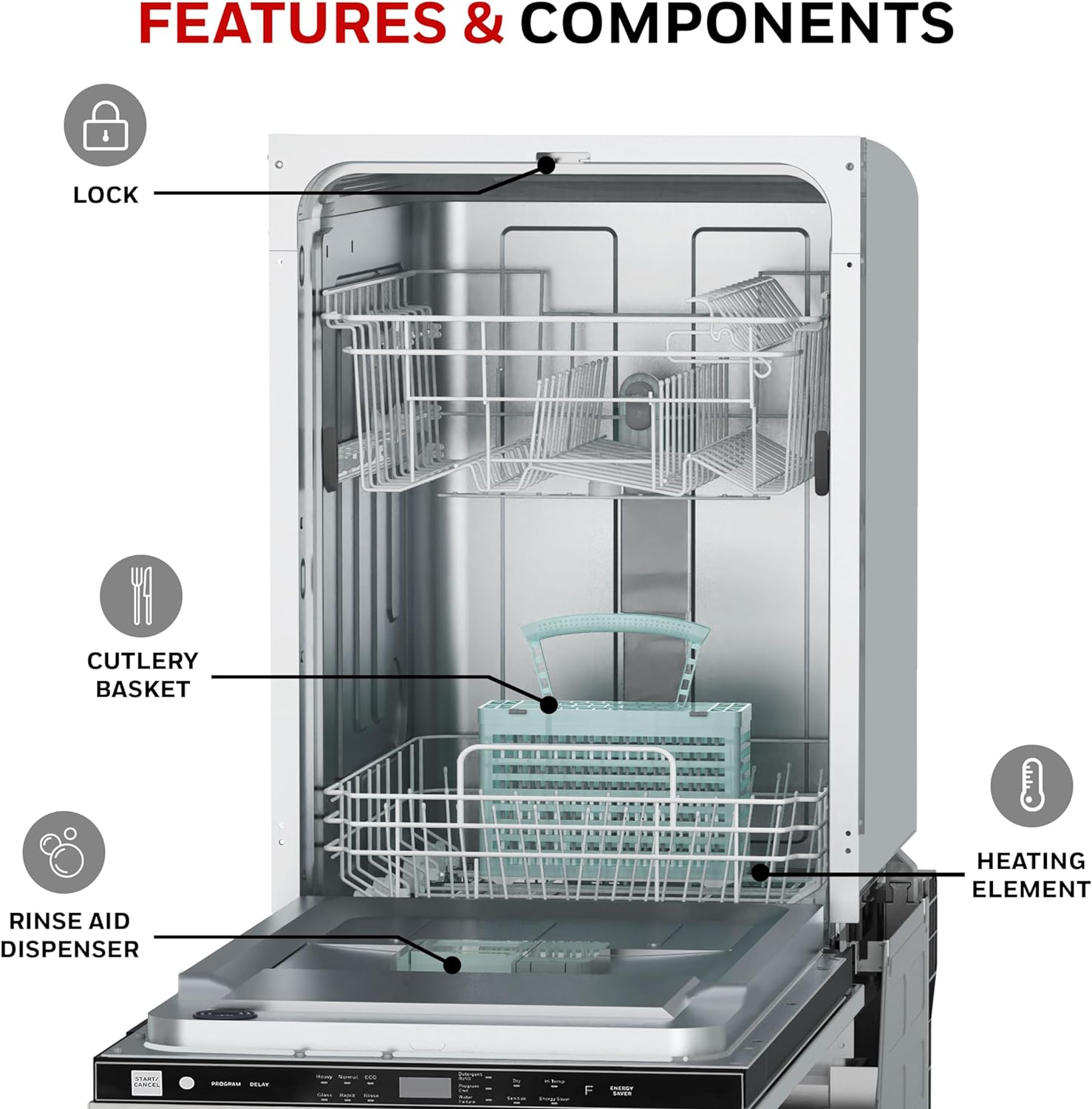 18-Inch Dishwasher with 8 Place Settings, 6 Wash Programs and Stainless Steel Tub
