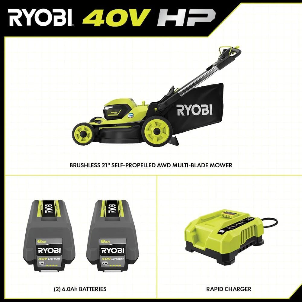 40V Brushless 21-Inch Self-Propelled AWD Lawn Mower with Two 6.0Ah Batteries and Charger