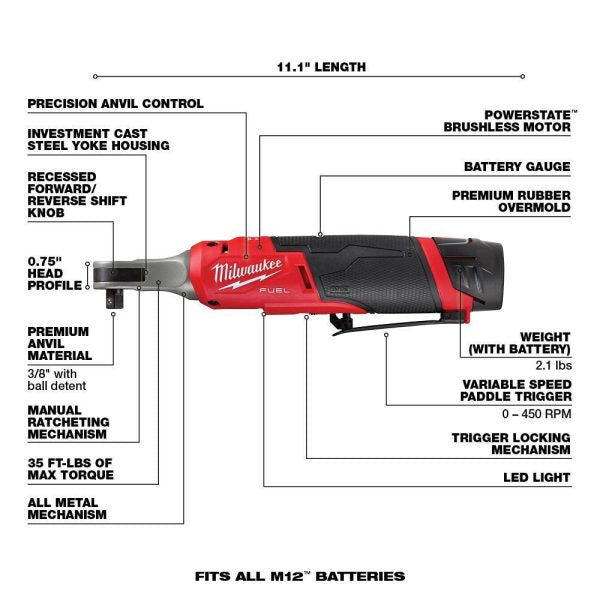 12V Brushless Cordless 3/8-Inch High-Speed Ratchet Kit with 2 Batteries, Charger and Bag