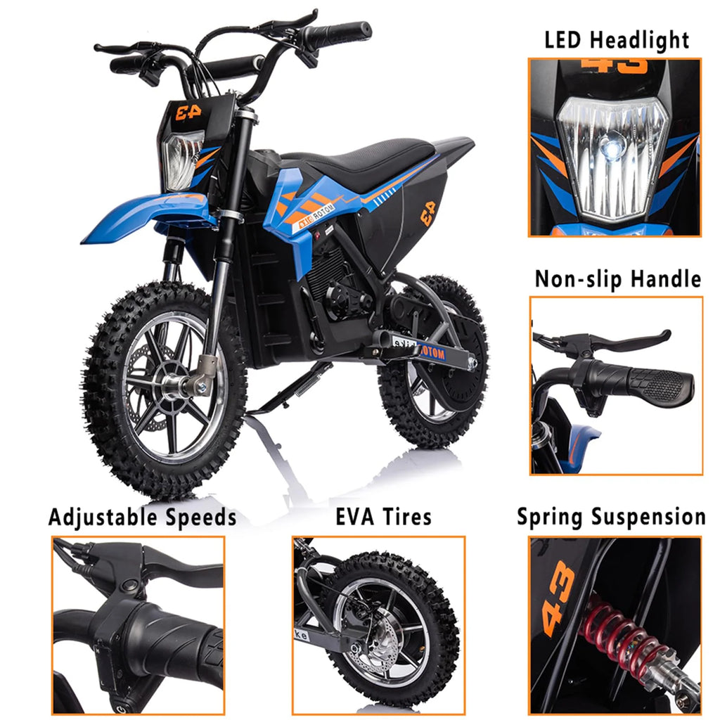 36V Kids Electric Dirt Bike, 36V, 350W, 15.5MPH, LED, 175lbs Max Blue