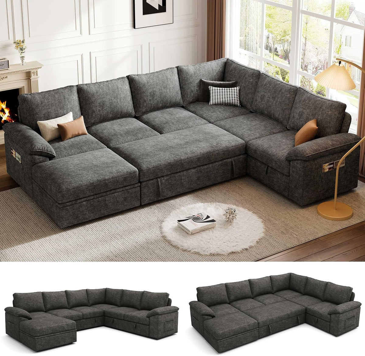 106'' Modular Sectional Sofa with Pull Out Bed, Sleeper Sofa, Dark Gray