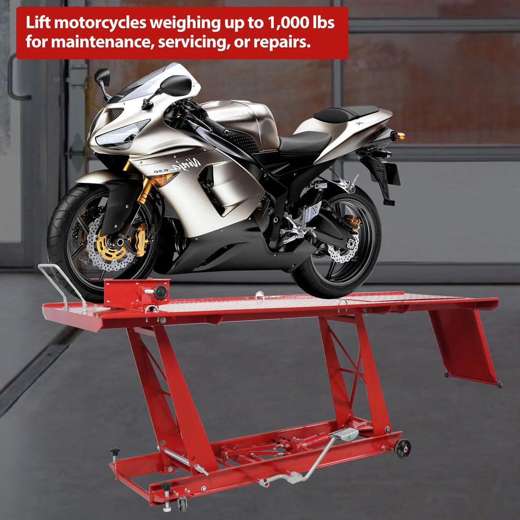 1000-Lb. Hydraulic Motorcycle Lift Hoist with Jack Stand for Mechanics and Workshops