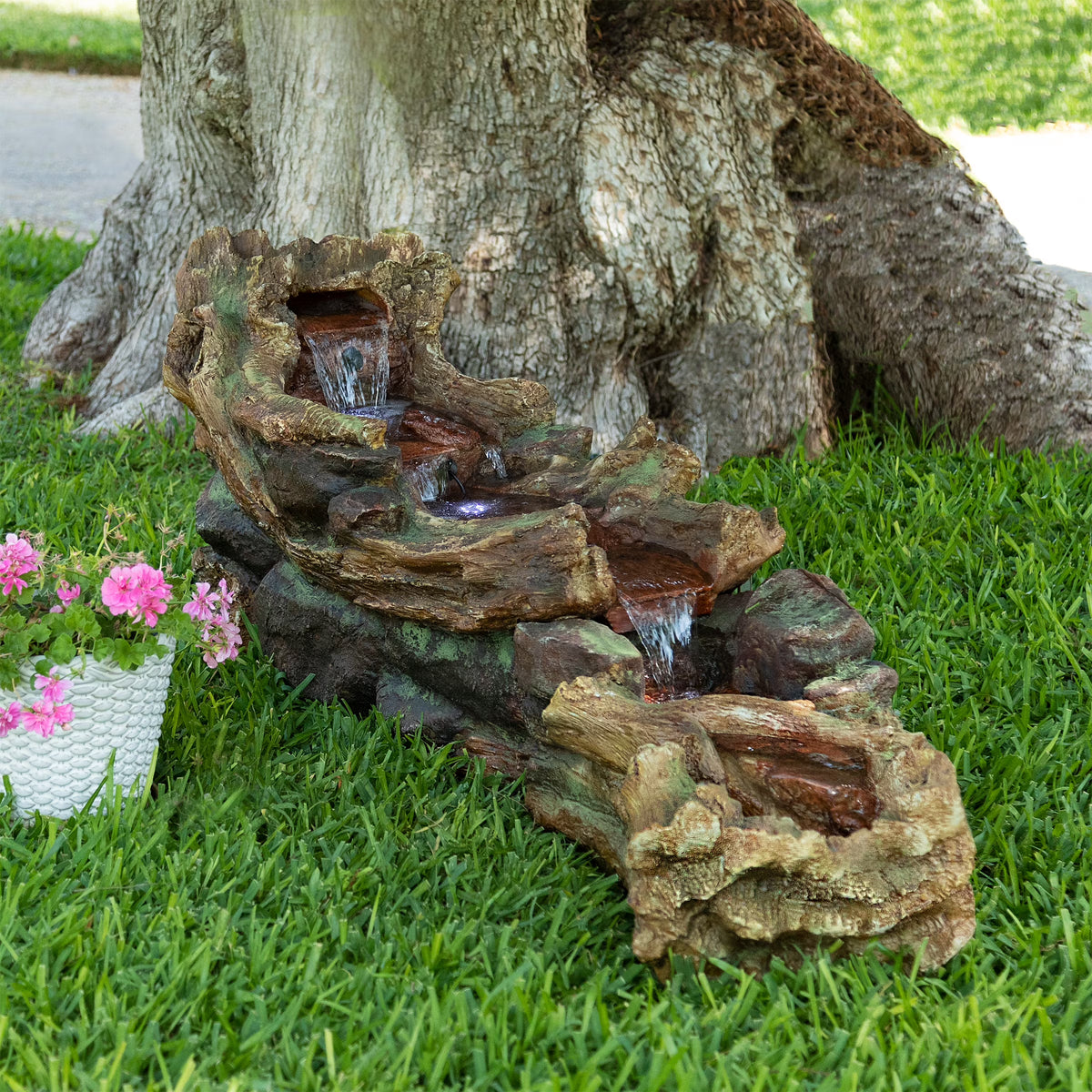 Alpine Corporation 59" x 16" x 20" Polystone Light-Up Cascading Floor Pump Fountain, Brown