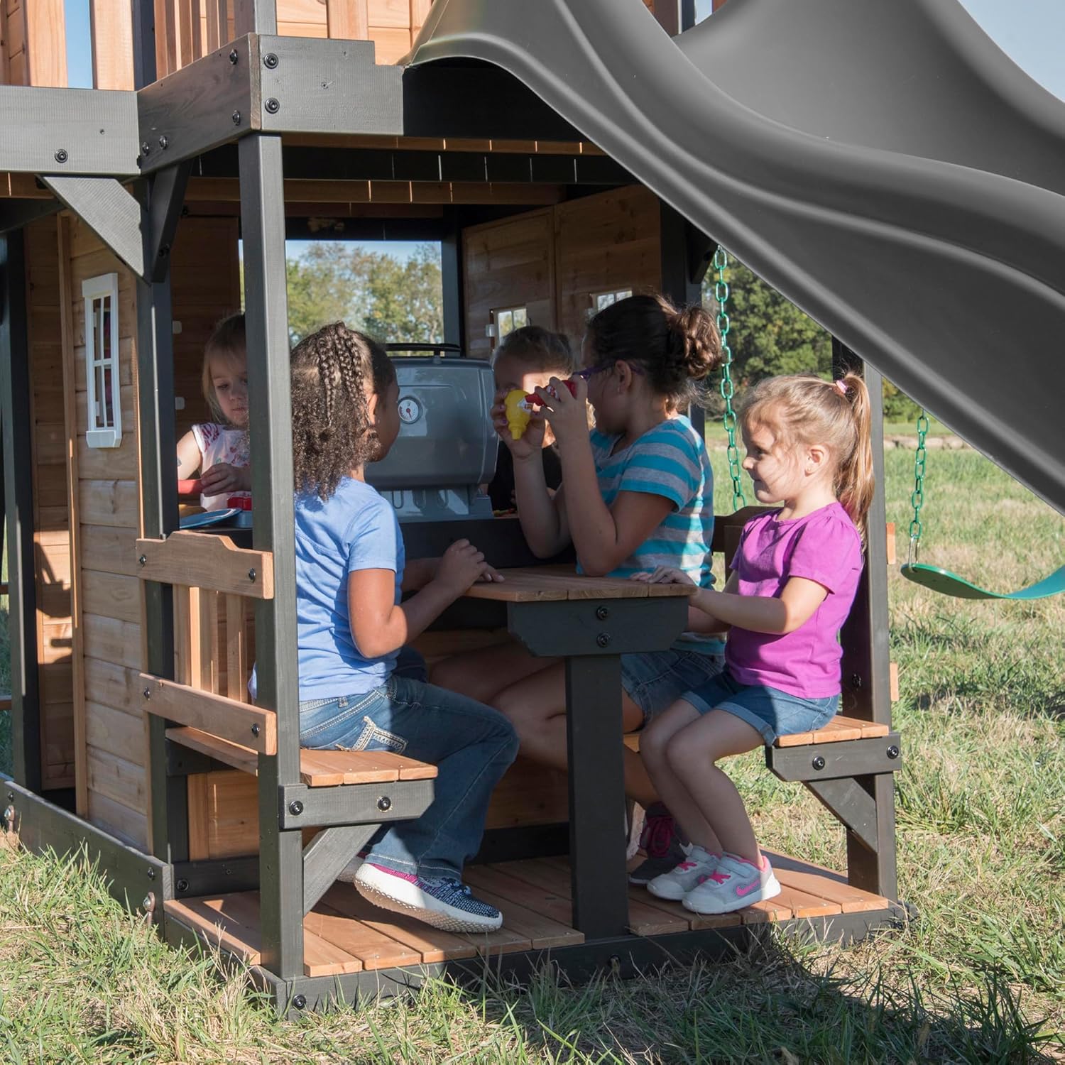 Cedar Wood Backyard Swing Set with Wave Slide, Clubhouse, Play Kitchen, Picnic Area, Rock Wall and Swings