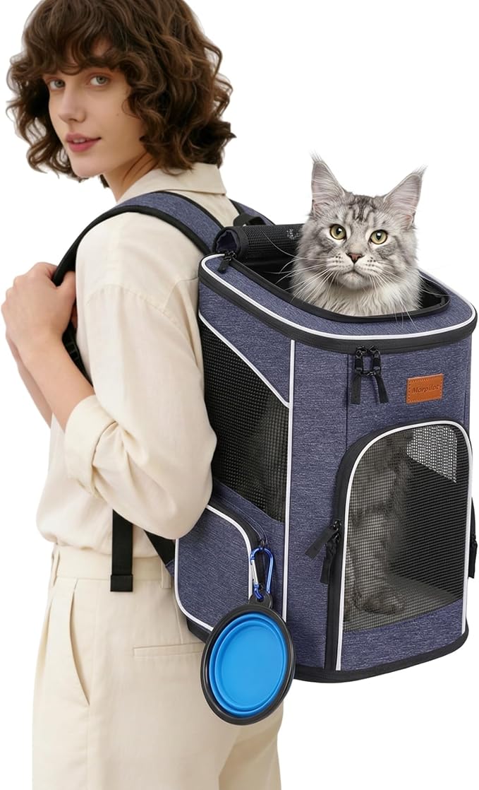 3.Backpack for cats and small dogs (7 kg), foldable, with internal safety leash and cover(blue)