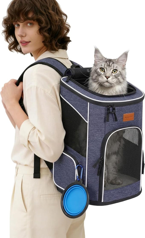 3.Backpack for cats and small dogs (7 kg), foldable, with internal safety leash and cover(blue)