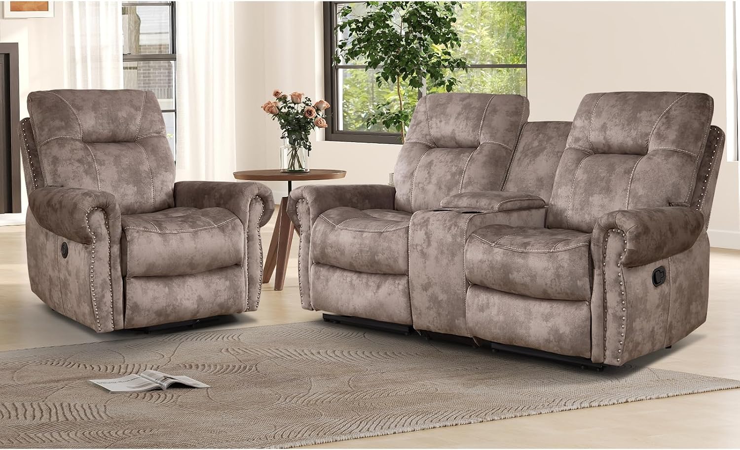 3 Pieces Reclining Couch Furniture Set for Living Room, Double 1 Seat Power Recliner Chair with Massage and Heat, a 3 Seater Manual Sofa, Vintage Rivet Mid Century Design, Grey