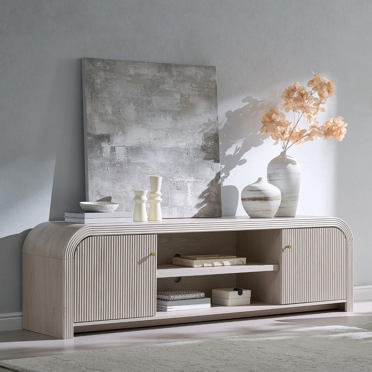 70" Modern Fluted TV Stand with Storage, Natural Oak