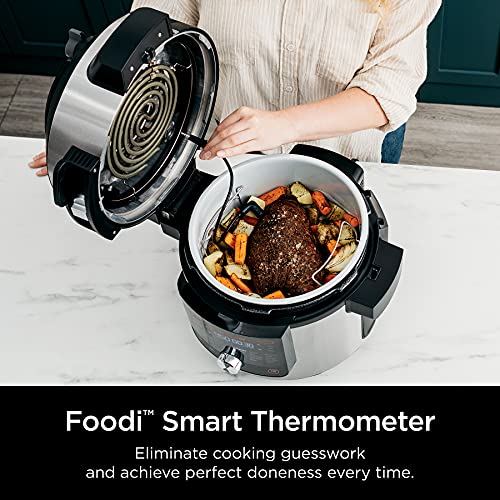 14-in-1 8-Qt. Pressure Cooker and Steam Fryer with Thermometer, Auto Steam Release, 3-Layer Capacity and 5-Qt. Crisp Basket, Silver/Black
