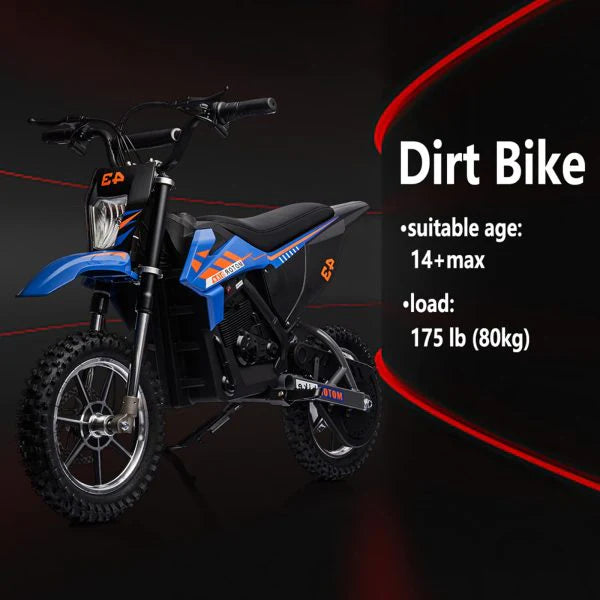 36V Kids Electric Dirt Bike, 36V, 350W, 15.5MPH, LED, 175lbs Max Blue