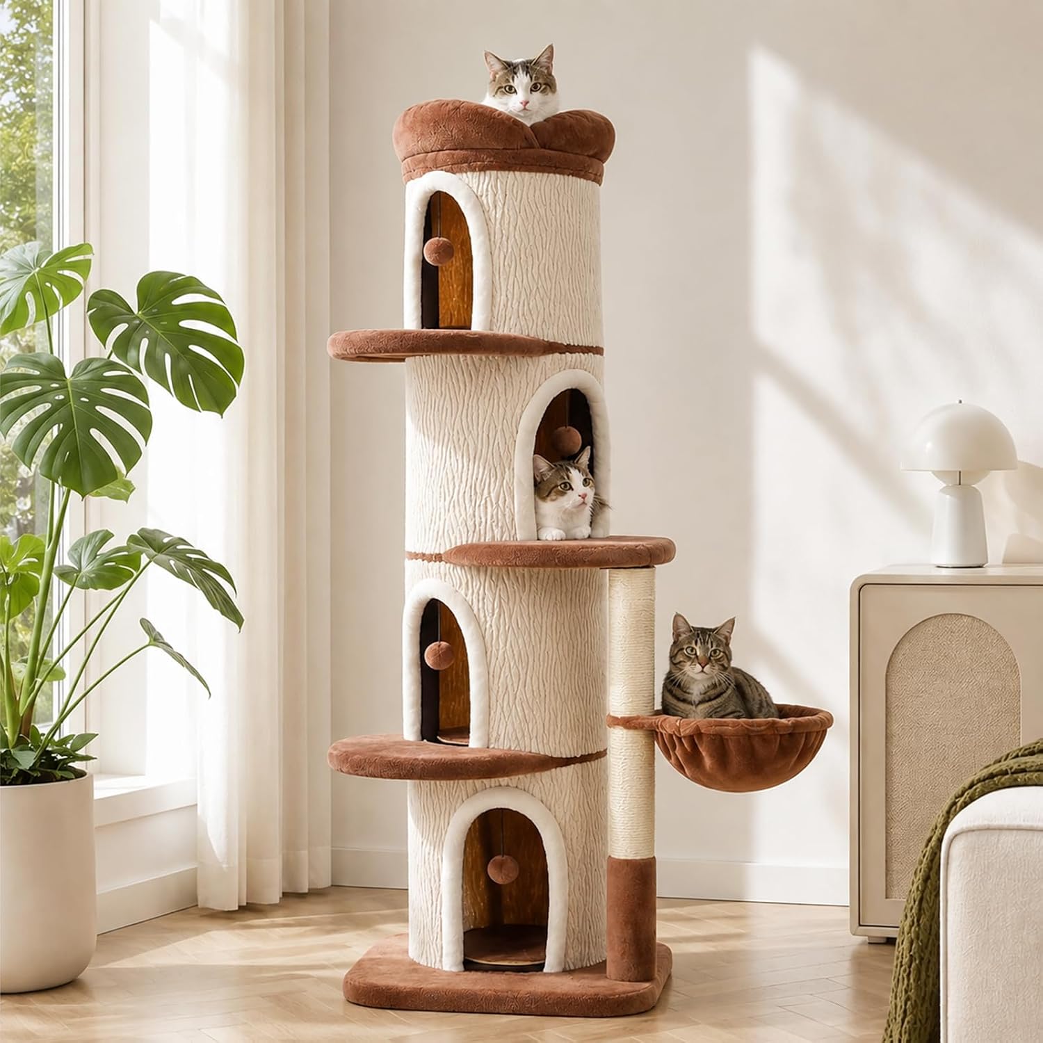 68.5" Forest Cat Tree Tower with 4 Condos & Flower Top Bed, Brown