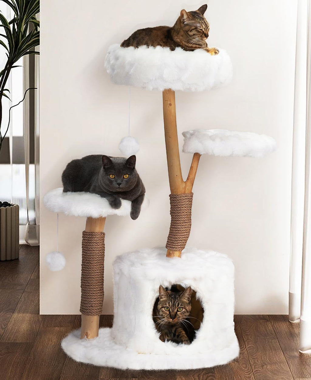 COZIWOW Cloud Cat Tree for Indoor Cats, 42" Modern Aesthetic Cat Tower with Solid Wood Branches, Top Cat Bed, Side Perch, Large Condo, Scratching Posts, Cat-Approved, White