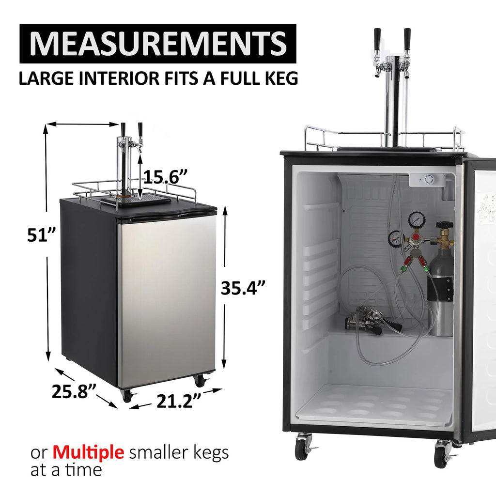 Beer Kegerator, Dual Tap Draft Beer Dispenser, Full Size Stainless Steel Keg Refrigerator With Drip Tray, CO2 Cylinder, 32掳F- 50掳F Temperature Control, 170L