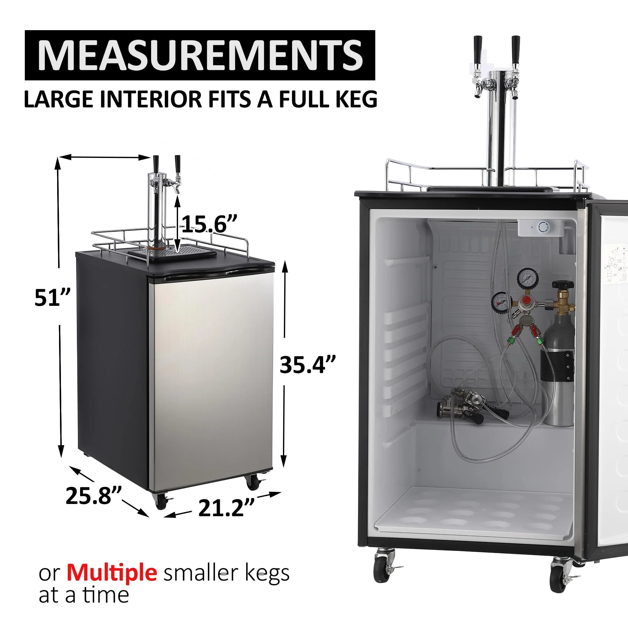 Beer Kegerator, Dual Tap Draft Beer Dispenser, Full Size Stainless Steel Keg Refrigerator With Drip Tray, CO2 Cylinder, 32掳F- 50掳F Temperature Control, 170L