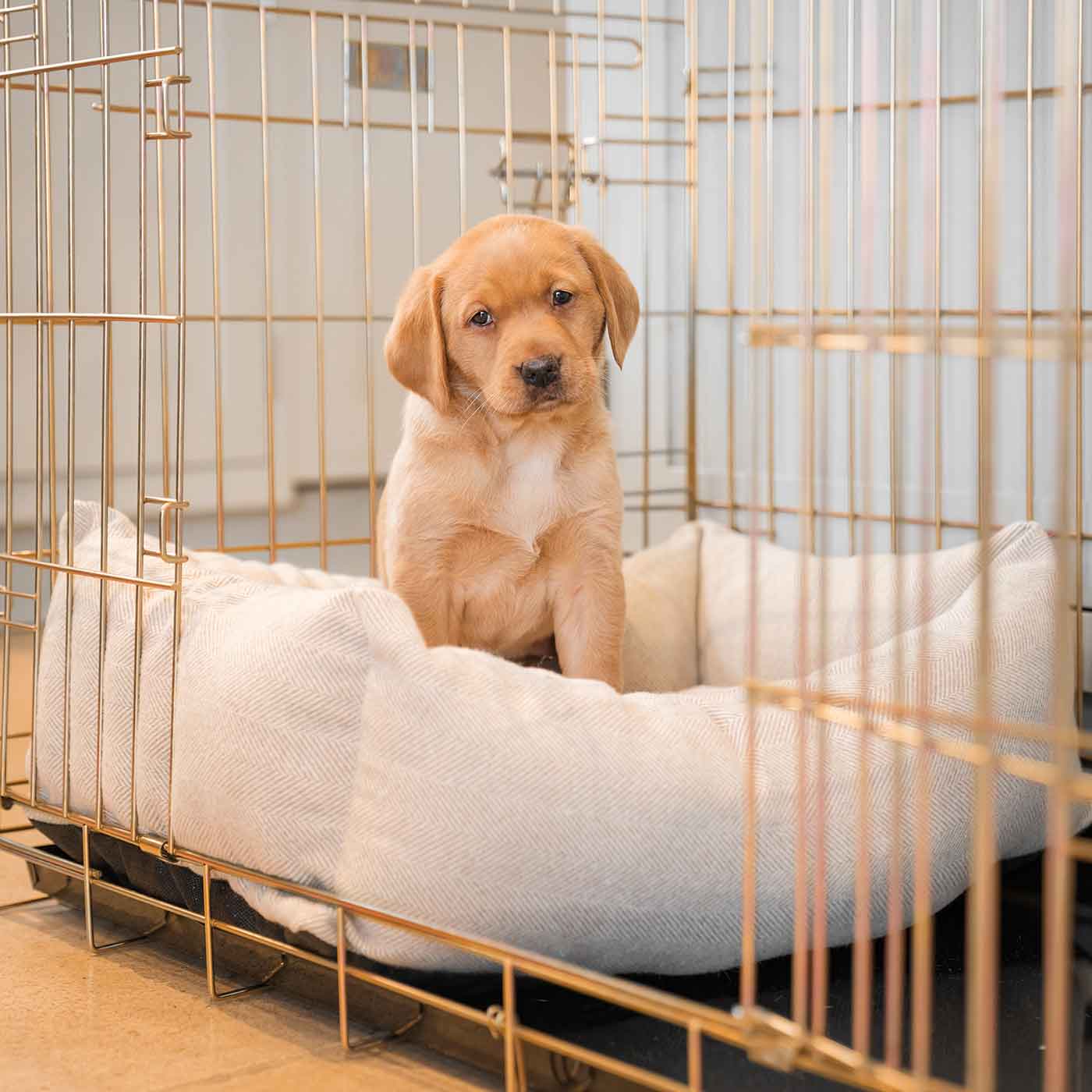 Cozy & Calming Puppy Cage Bed in Herringbone Tweed
