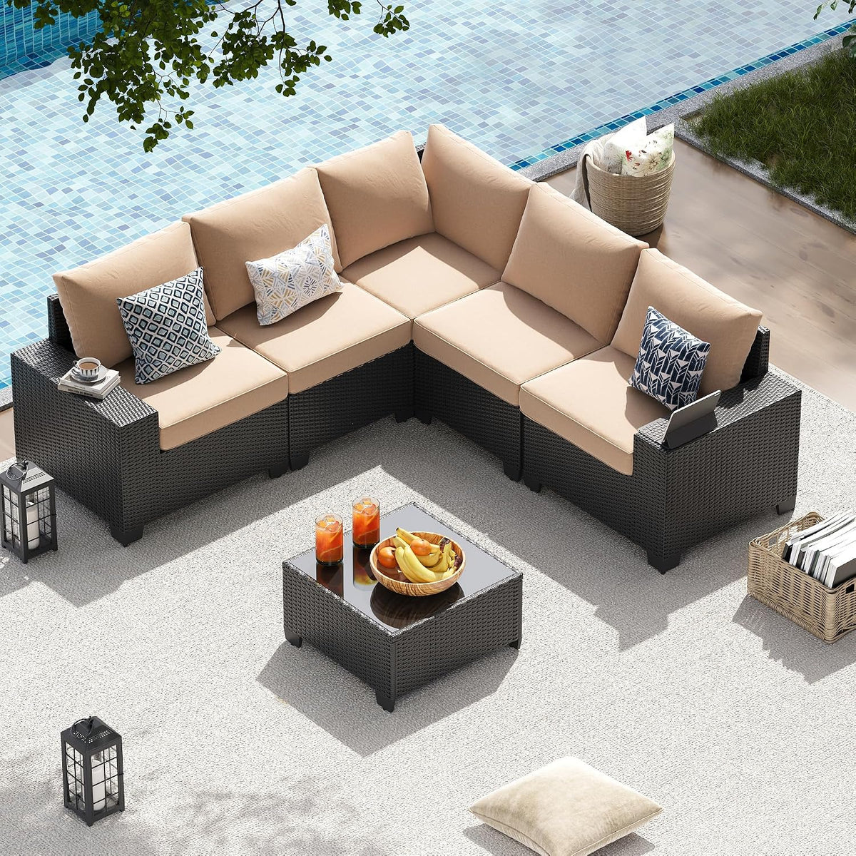 13 PCS Patio Furniture Set with 44'' Fire Pit Table, Outdoor Sectional All Weather Wicker Conversation Set with Swivel Rocker Chairs, 4'' Thick Cushions for Backyard Poolside(Navy/Grey)