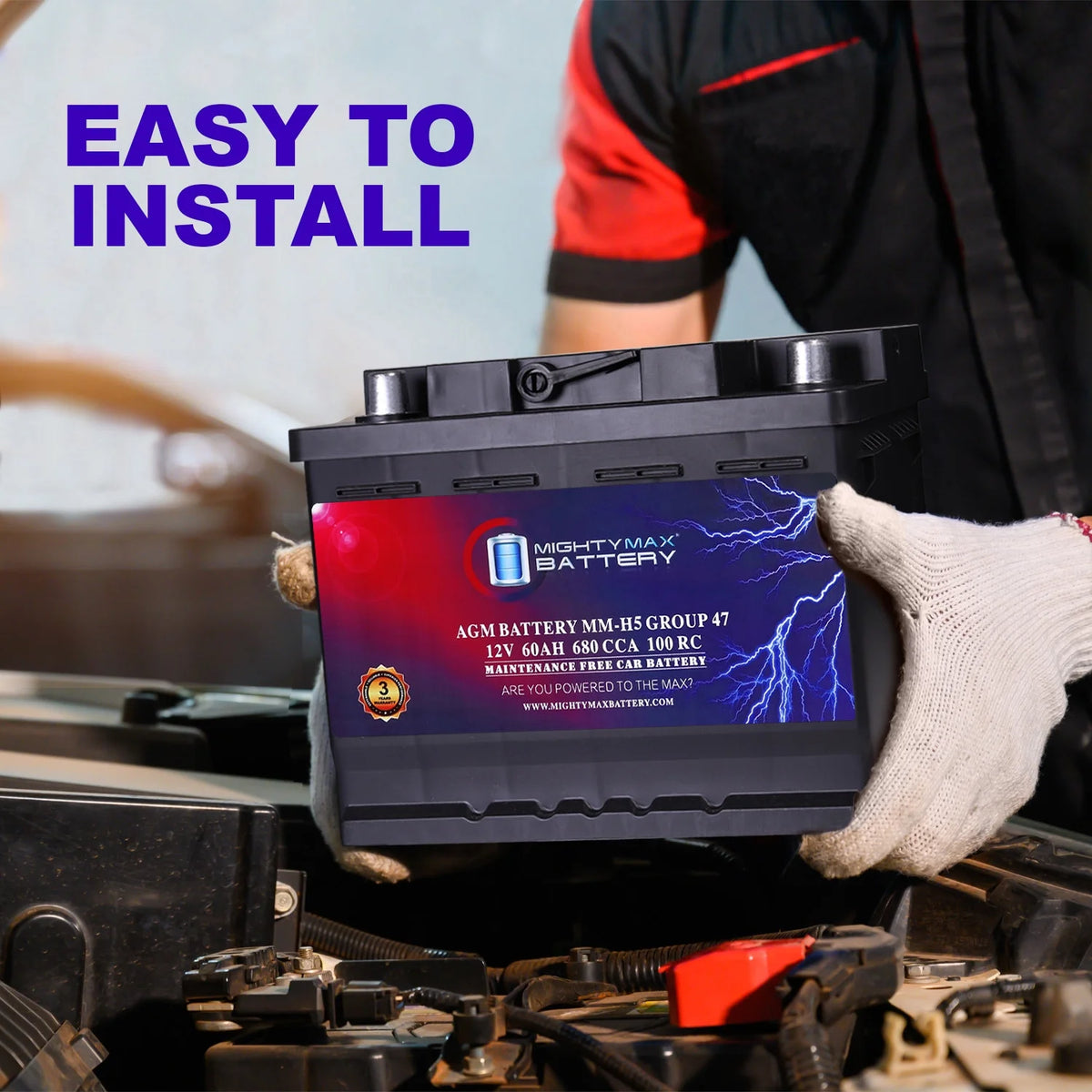 12V 60Ah AGM Car Battery, BCI Group 47, 680 CCA, 100 RC, Start-Stop Compatible