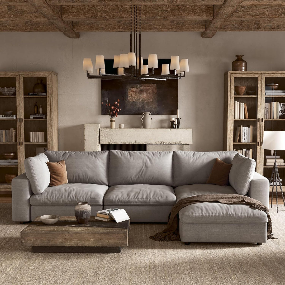 110'' Cloud Sectional Couch with Washable Cover, Deep Seat Modular Sectional Sofa for Living Room, Oversized Sectional Couch with Throw Pillow and Storage Ottoman, 3Seater L Shaped, Off White