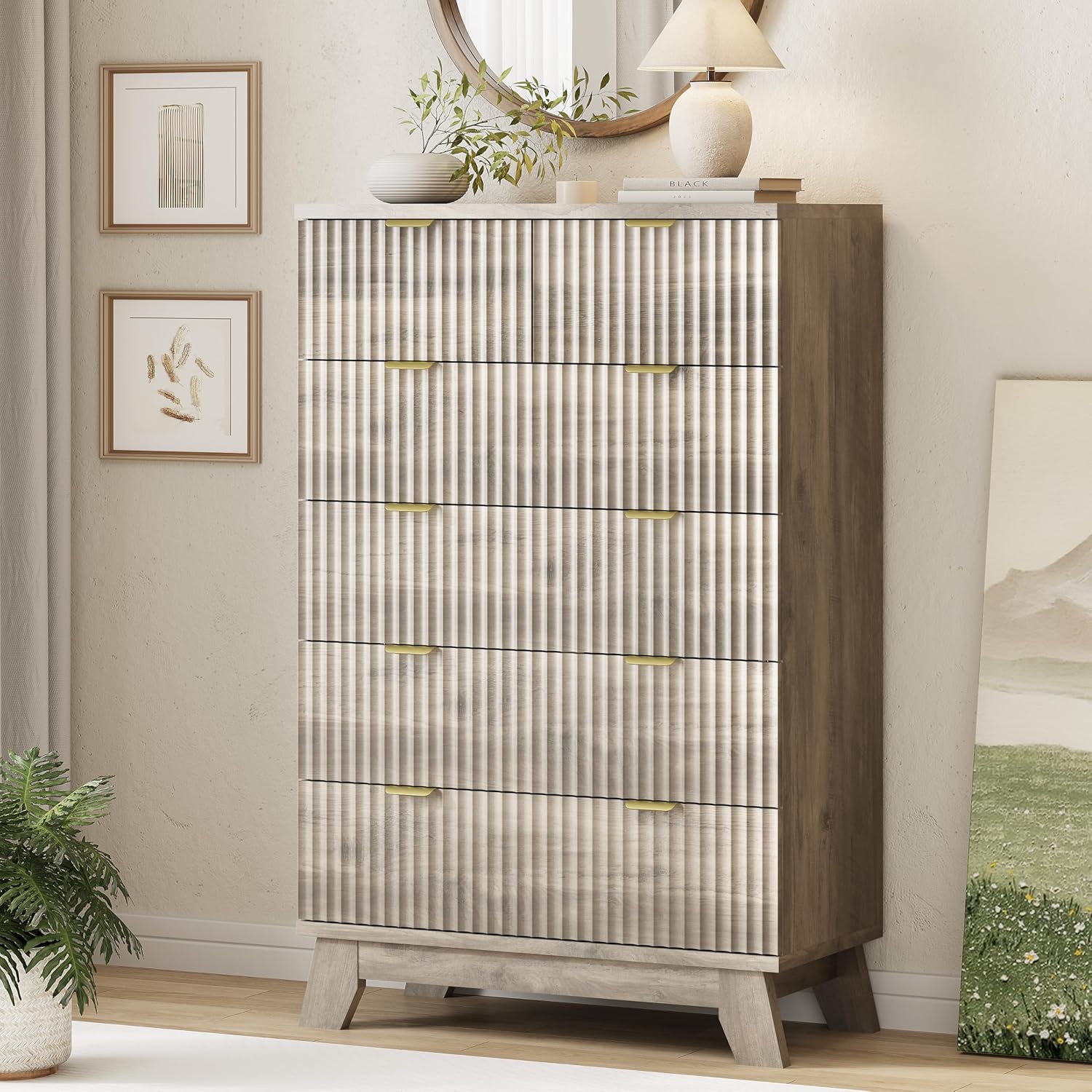 Fluted Dresser for Bedroom with 9 Drawers, 57" Wide Modern Chest of Drawers with Metal Handle, Wooden Dresser TV Stand, Wood Closet Clothes Storage Organizer for Living Room, Hallway, Natural Oak