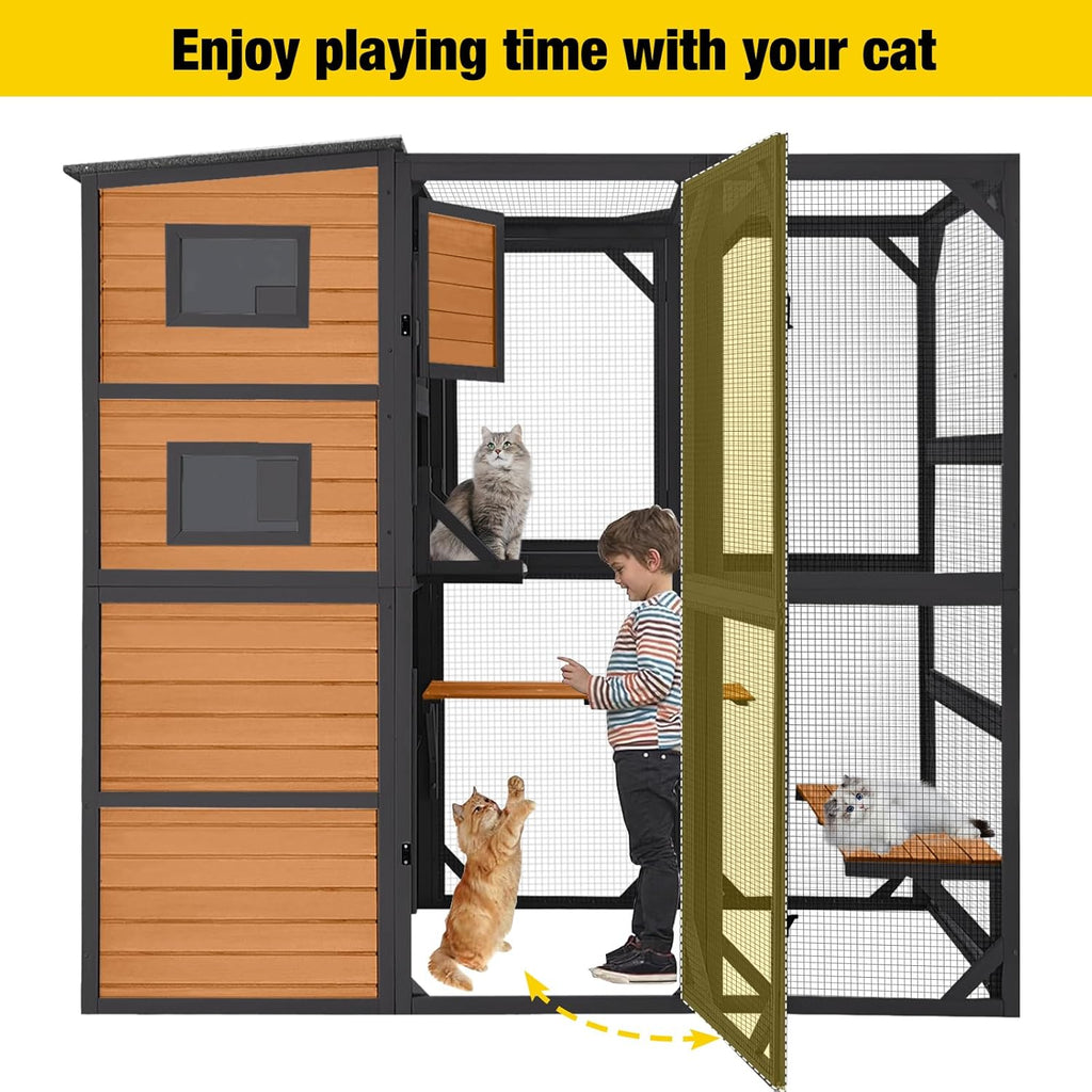 Large Outdoor Cat Enclosure, 4-Tier Catio with Weatherproof Roof, 70 H x 77 L in, Spacious Cat Playpen