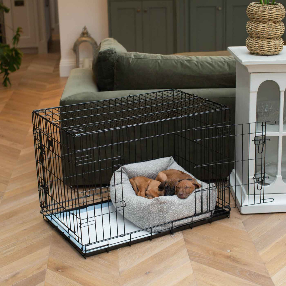 Cozy & Calming Puppy Cage Bed In Mink Bouclé