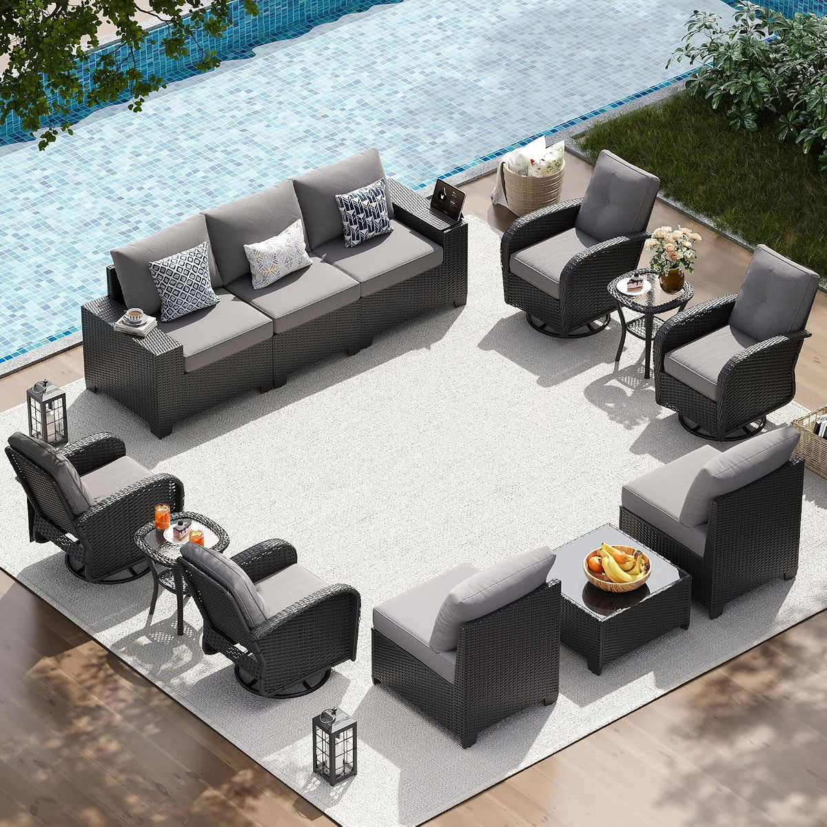 13 PCS Patio Furniture Set with 44'' Fire Pit Table, Outdoor Sectional All Weather Wicker Conversation Set with Swivel Rocker Chairs, 4'' Thick Cushions for Backyard Poolside(Navy/Grey)