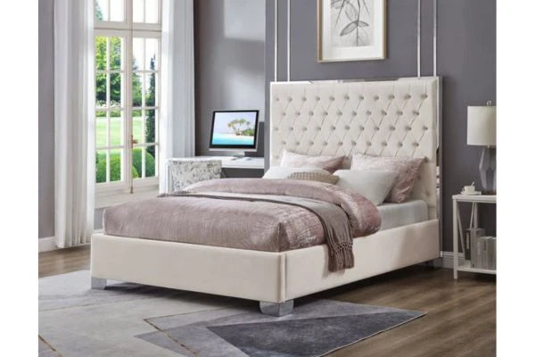 T2385W Off White Velvet Platform Bed with Chrome Trim