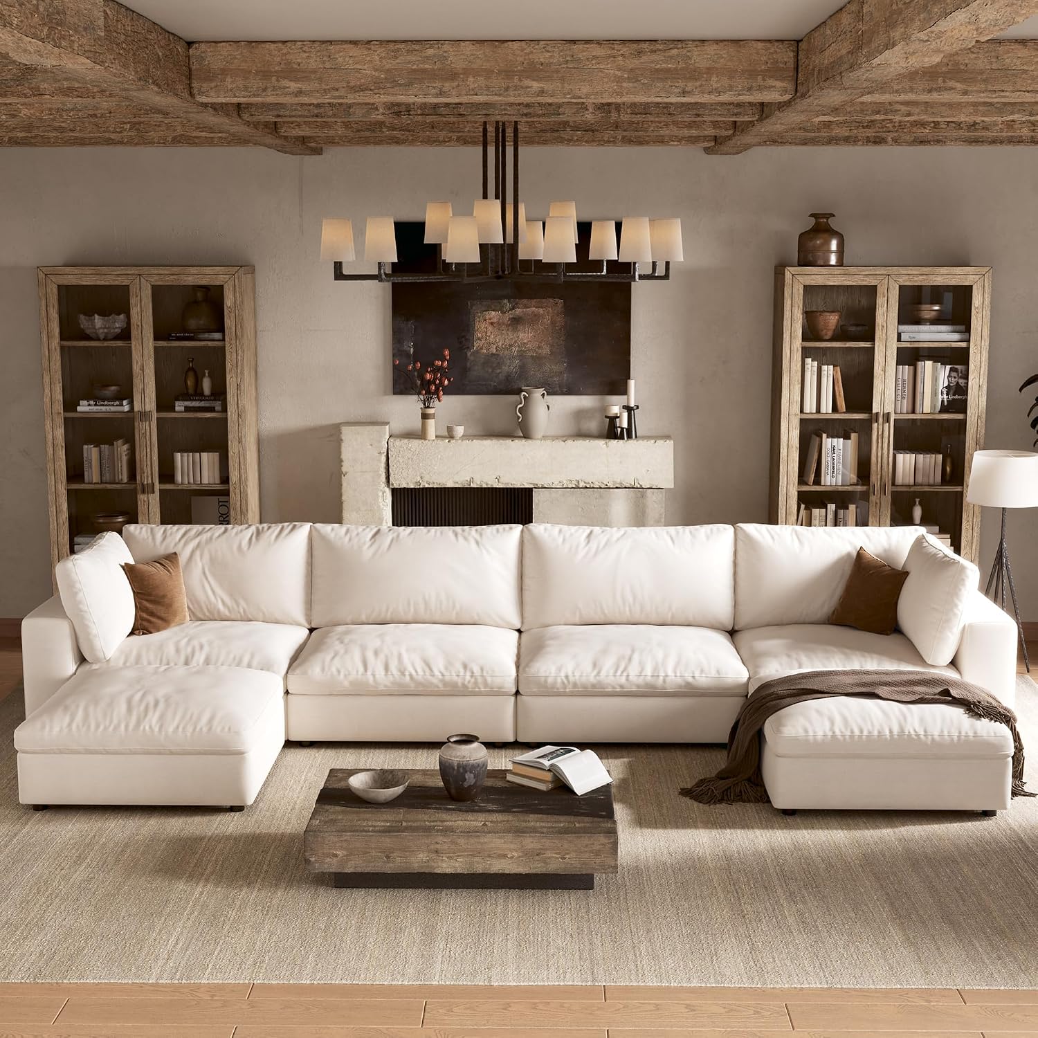 110'' Cloud Sectional Couch with Washable Cover, Deep Seat Modular Sectional Sofa for Living Room, Oversized Sectional Couch with Throw Pillow and Storage Ottoman, 3Seater L Shaped, Off White