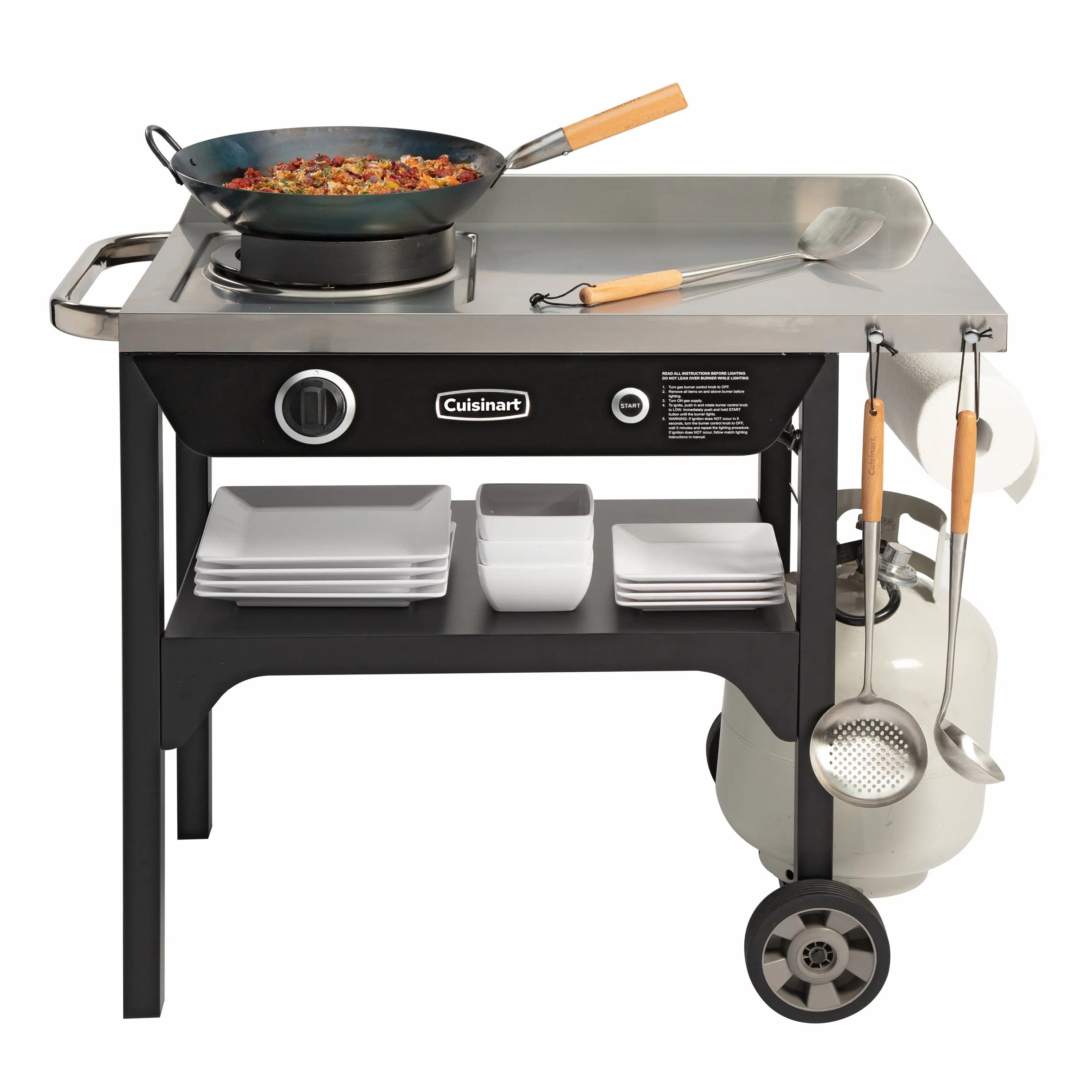 50,000 BTU Propane Outdoor Wok Station with Prep Table and 14-Inch Carbon Steel Wok, Black