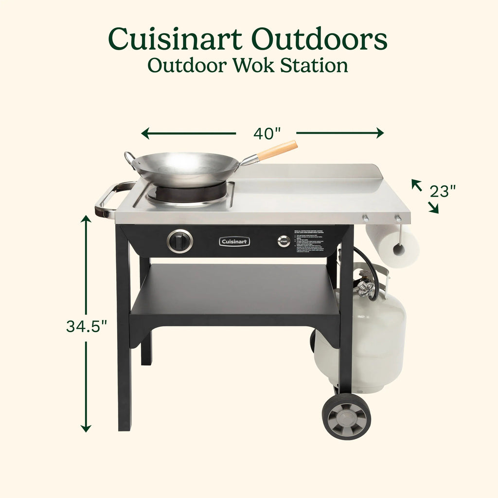 50,000 BTU Propane Outdoor Wok Station with Prep Table and 14-Inch Carbon Steel Wok, Black
