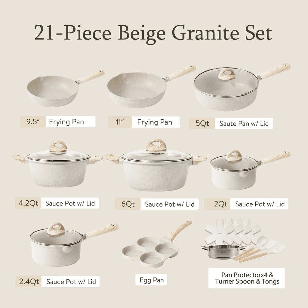 21-Piece Nonstick Pots and Pans Set, Induction Compatible, Beige Granite