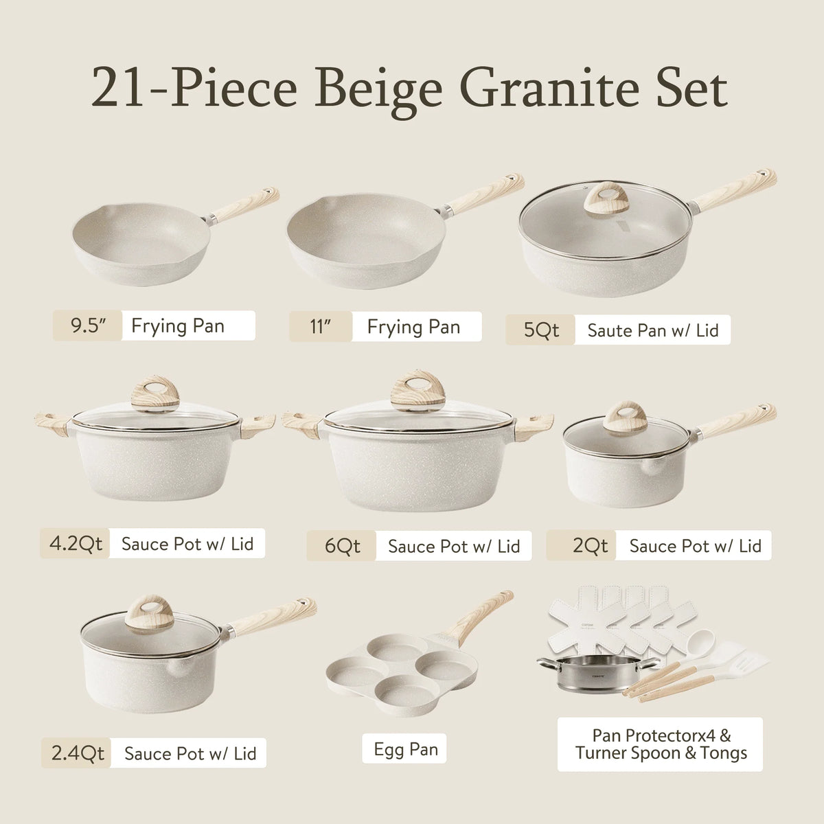 21-Piece Nonstick Pots and Pans Set, Induction Compatible, Beige Granite