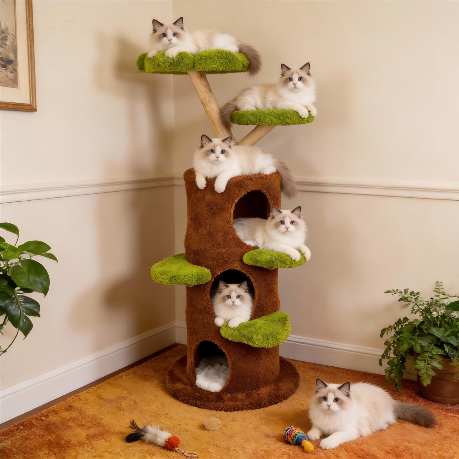 Wisfor Modern Cat Tree Tower: 58Inch Tall Cats Tree for Large Cats with Multi Condos - Indoor Wooden Kitty Tree House Sturdy with Scratching Post