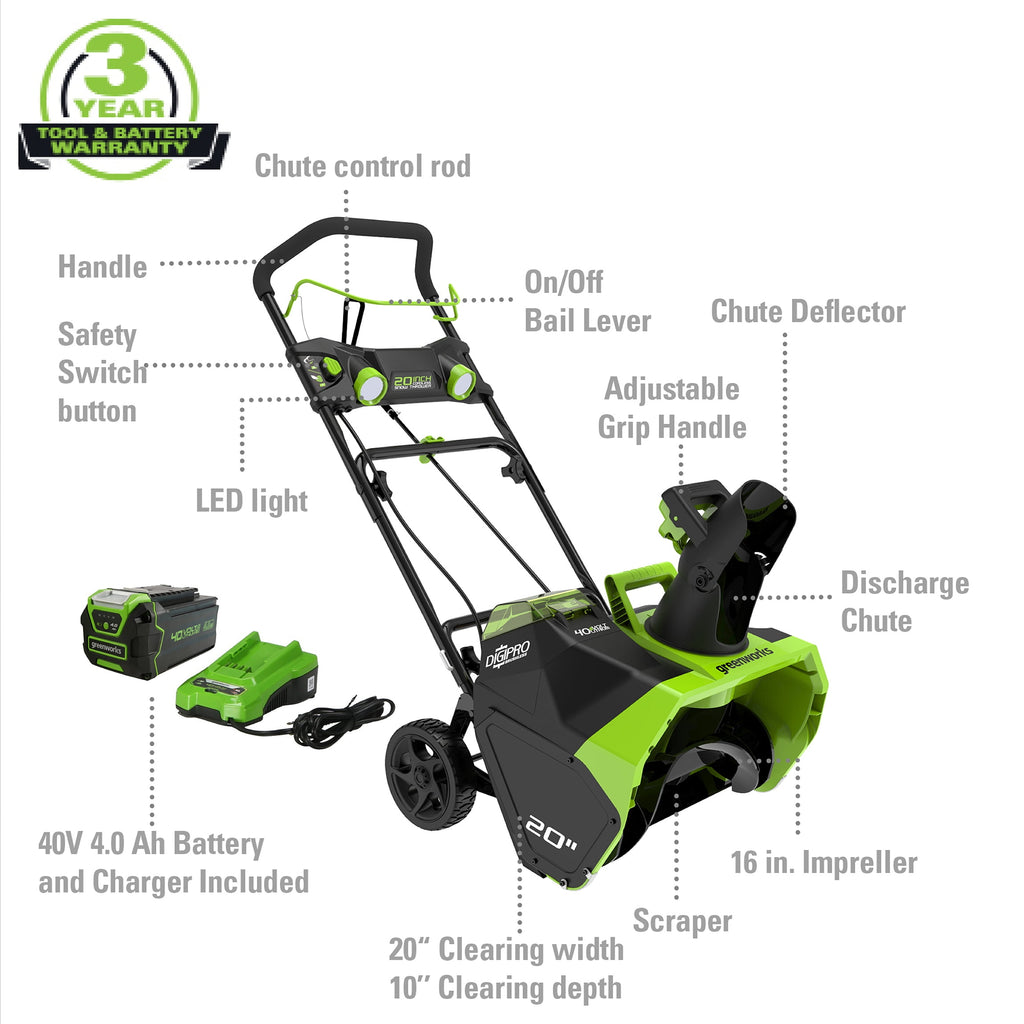 Greenworks 40V 20 Cordless Brushless Snow Blower with 4.0 Ah Battery & Charger, LED Lights, 180 Chute