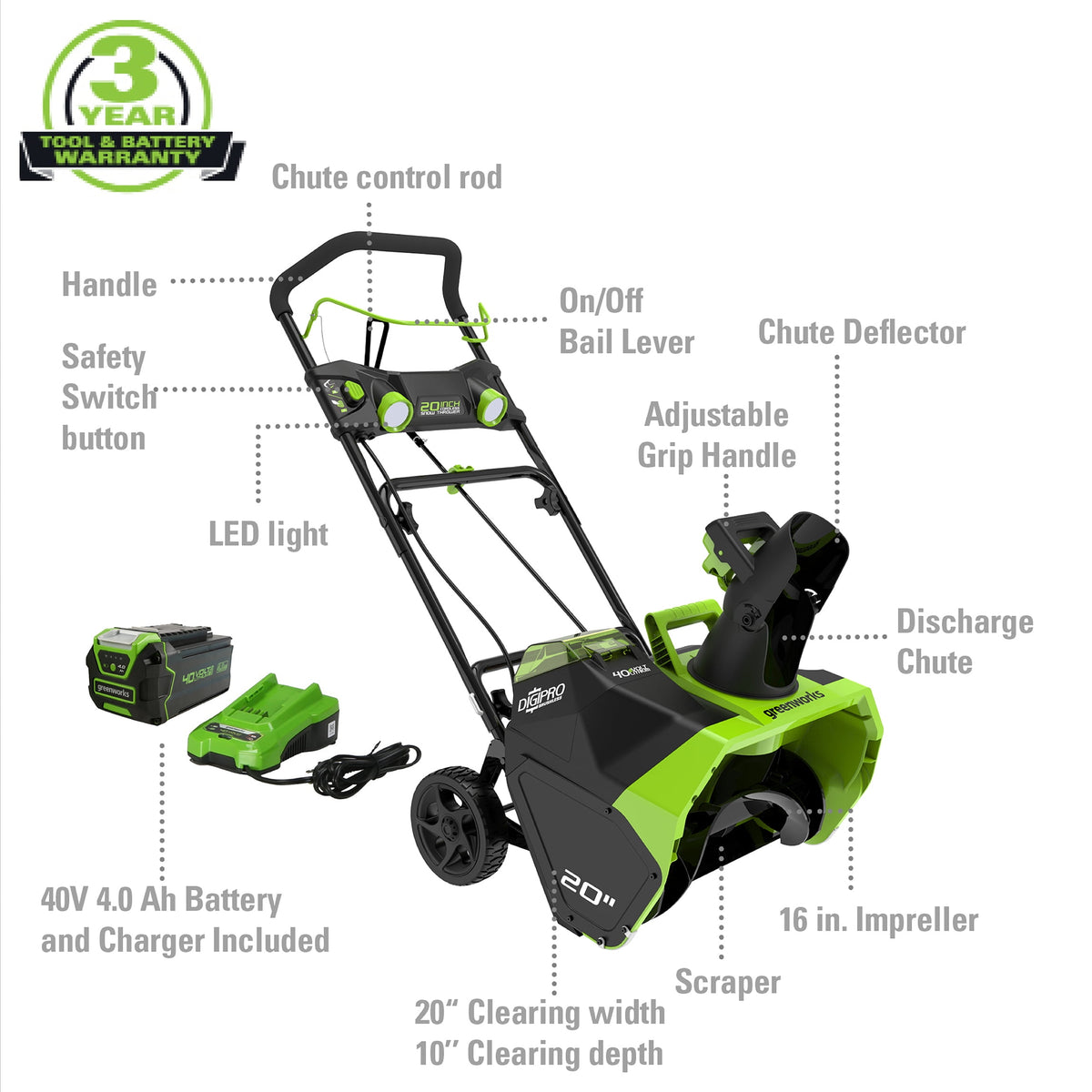 Greenworks 40V 20 Cordless Brushless Snow Blower with 4.0 Ah Battery & Charger, LED Lights, 180 Chute