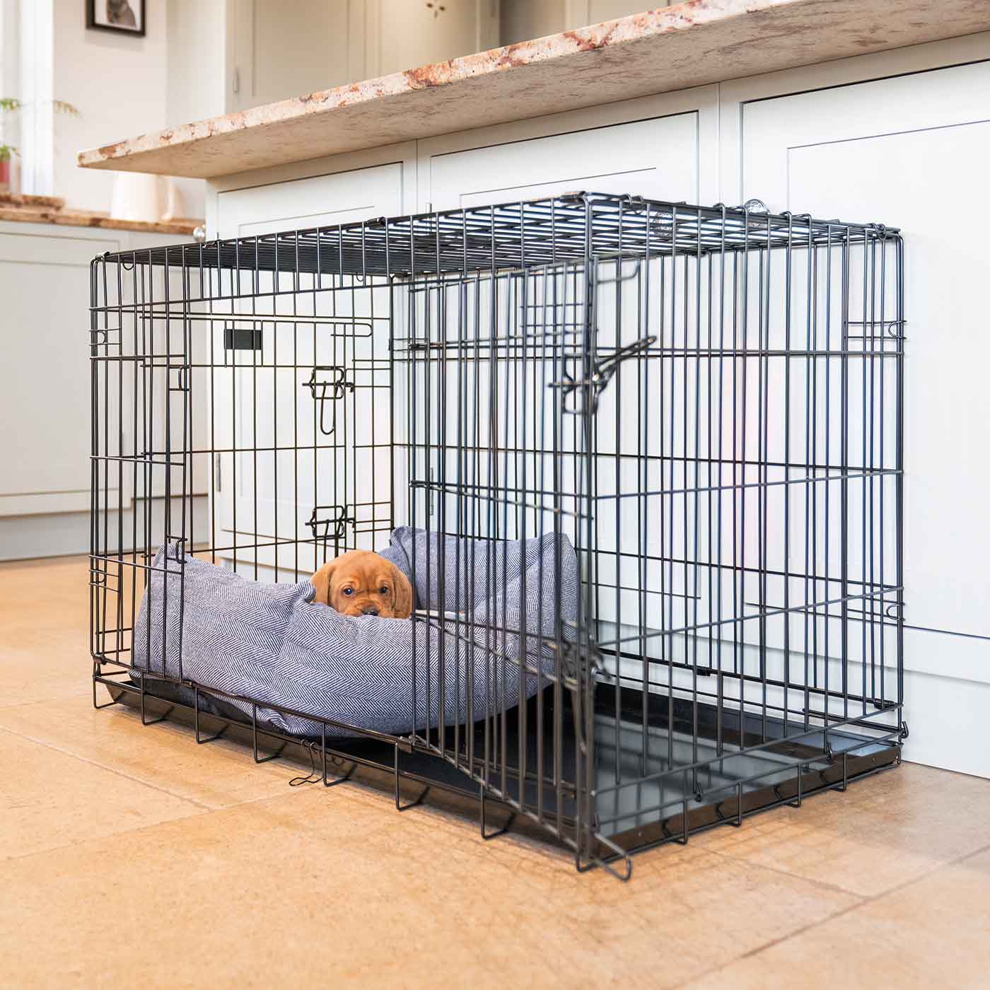 Cozy & Calming Puppy Cage Bed in Herringbone Tweed