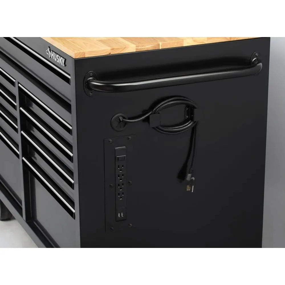46-Inch W x 24.5-Inch D 9-Drawer Mobile Workbench with Hardwood Top and Power Station, Gloss Black